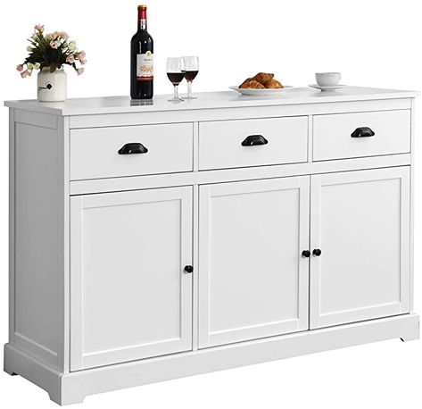 Amazon.com - Giantex Sideboard Buffet Server Storage Cabinet Console Table Home Kitchen Dining Room Furniture Entryway Cupboard with 2 Cabinets and 3 Drawers Adjustable Shelves, White (White) - Buffets & Sideboards Kitchen Buffet Table, Kitchen Table With Storage, Cabinet Console Table, White Sideboard Buffet, Narrow Sideboard, Cabinet Console, Kitchen Cupboard Storage, White Buffet, Small Kitchen Tables