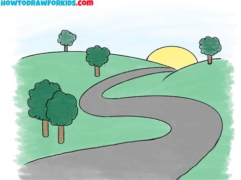 How to Draw a Road Step by Step - Easy Drawing Tutorial For Kids How To Draw A Winding Road, How To Draw A Road Step By Step, Path Drawing Simple, Road Drawing Simple, Drawing Road, Road Drawing, Landscape Drawing Tutorial, House Drawing For Kids, Sticker Chart