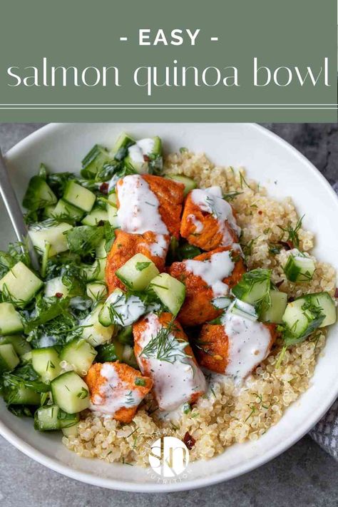 Salmon Quinoa Bowl, Healthy Breakfast Lunch And Dinner, Kay Nutrition, Salmon Quinoa, Quinoa Bowls, Healthy Bowls Recipes, Salmon Bowl, Creamy Dressing, Healthy Salmon