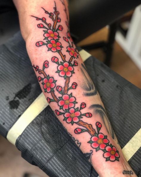 Cherry Blossom Sleeve Tattoo Cherry Creek Tattoo Flash, Cherry Blossom Tattoo Black And White, Traditional Japanese Flower Tattoo, Traditional Cherry Blossom Tattoo, Sakura Tattoo Ideas, Cherry Blossom Sleeve Tattoo, Cherry Blossom Sleeve, Japanese Tattoo Cherry Blossom, Trad Flower