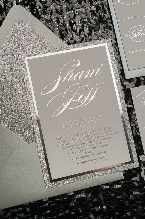 Foil Stamping - Fancy All Silver Glitter Wedding Invitation - SAMPLE (FAITH) Silver Wedding Invitations, Glitter Wedding Invitations, Wedding Dresses Cinderella, Cinderella Wedding, Wedding Invitation Samples, Letterpress Wedding Invitations, Wedding Suite, Glitter Wedding, Fun Wedding Invitations