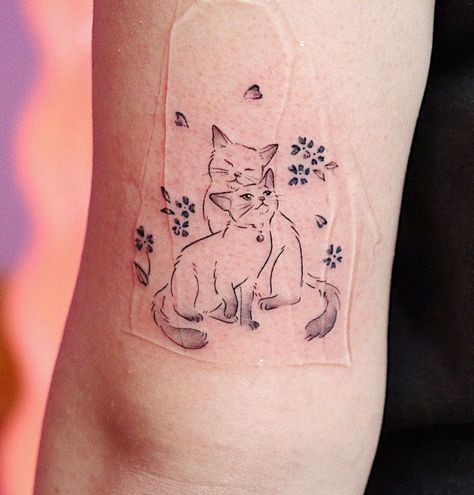 Two Kittens Tattoo, Red Ink Cat Tattoo, Cat Aesthetic Tattoo, Sister Cat Tattoos, Three Cats Tattoo, 2 Cat Tattoo, Two Cat Tattoo, Dog And Cat Tattoo, 2 Cats Tattoo