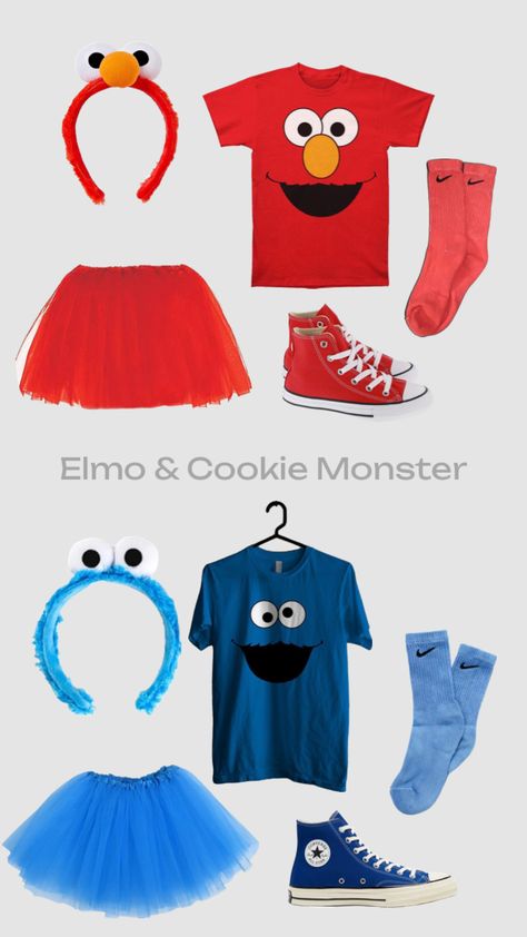 Cookie Monster Halloween Costume, Fun Halloween Outfits, Cute Group Halloween Costumes, Elmo And Cookie Monster, Classy Halloween Costumes, Matching Halloween Costumes, Duo Costumes, Best Friend Halloween Costumes, Bff Halloween Costumes