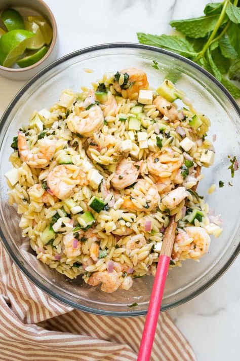 Shrimp Orzo Salad Recipe (Easy & Flavorful) - iFoodReal.com Orzo Salad Ina Garten, Shrimp And Orzo Salad, Shrimp Orzo Salad, Mediterranean Orzo Salad, Shrimp Orzo, Mediterranean Orzo, Orzo Salad Recipes, Shrimp Avocado Salad, Cooked Shrimp