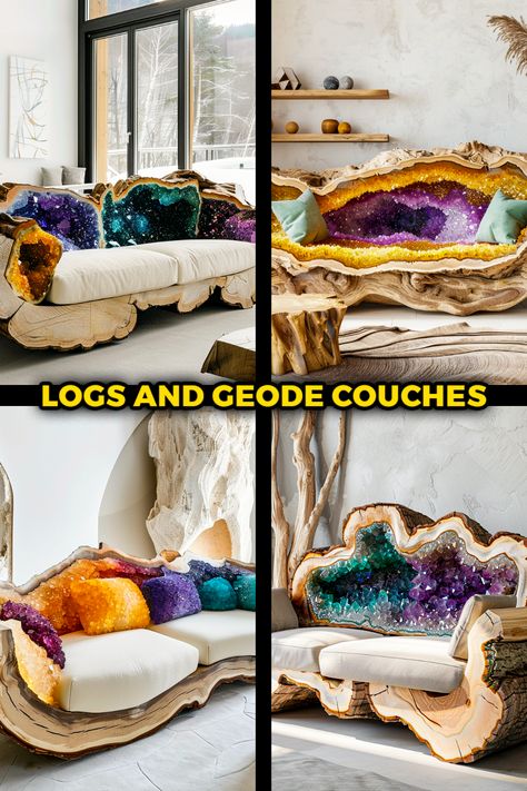 Transform your living space with the enchanting allure of log and geode couches! 🌿✨ Explore the rustic charm and geological elegance of these unique furniture pieces. #LogCouch #GeodeDecor #InteriorDesignInspo #NaturalBeauty #HomeDecorIdeas Geode Decor, Textured Throw Pillows, Couch Design, Natural Foundation, Unique Furniture Pieces, Couch Set, Bamboo Forest, Nature Inspired Design, Nature Indoors