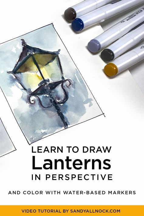 Using water-based markers, create lanterns in perspective with these simple tips. There's easy ones, more challenging ones - and you'll learn brush techniques along the way. Water Based Markers, Brush Techniques, Perspective Lessons, 1 Point Perspective, Markers Art, Markers Drawing, Sandy Allnock, Lantern Ideas, Vanishing Point