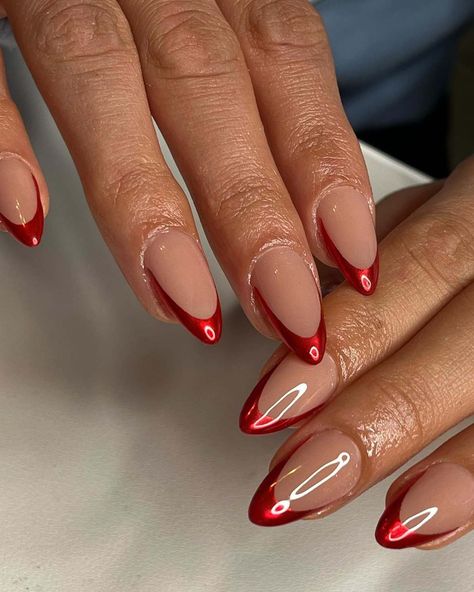 Almond Nails Chrome, Chrime Nails, Red Tip Nails, Almond Nails Red, Fall Almond Nails, Red Chrome Nails, Different Color Nails, Almond Nails French, Pink Chrome Nails