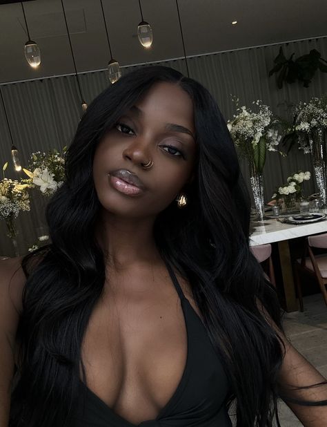 Dark Feminine Makeup On Brown Skin, Dark Skin Baddie, Vampy Makeup Dark Skin, Pretty Black Women, Black Bombshell, Femme Fatale Makeup Black Woman, Dark Skinned Models Woman, Pretty Darksin Black Women, Classy Mini Dresses