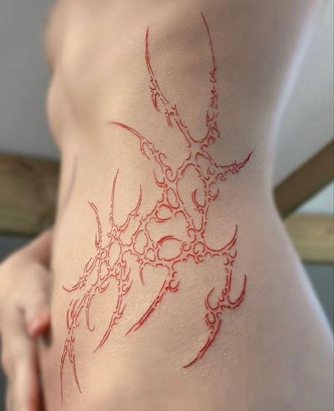 Red tattoo | Creative Tattoos Aesthetic By Rowan Oh | #tattoo #tattoos #art #ink #inked #tattooartist #tattooed #tattooart #tatted #tattoolife #blackandgreytattoo #tattooing #girlswithtattoos #polynesiantattoo #instatattoo #bodyart Aggrogoth Tattoo Back, Polyphia Tattoo, Gnarly Tattoos, Aggrogoth Tattoo, Neotribal Tattoo Design, Cyberpunk Tattoo, Torso Tattoos, Sigil Tattoo, Sharpie Tattoos