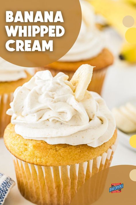 This simple, 4 ingredient Banana Whipped Cream Frosting recipe has a multitude of uses. Serve it with a bowl of fresh strawberries, add a dollop to your favorite banana cream pie, or use it as frosting for a cupcake or sheet cake. Save this pin now! For more whipped cream frosting recipes visit DixieCrystals.com and pin your favorites. Made this recipe? Show us! Banana Icing Recipe, Banana Whipped Cream, Best Frosting Recipe, Whipped Cream Frosting Recipe, Whipped Cream Icing, Whipped Cream Recipe, Whipped Cream Cheese Frosting, Fondant Recipe, Crumbl Cookies