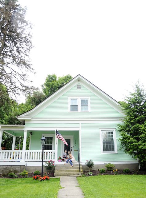 Love this paint color! Green Exterior House Colors, Queenslander Renovation, Green House Exterior, Mobile Home Renovations, Elsie Larson, Exterior House Color, Springfield Missouri, Farm House Colors, A Beautiful Mess