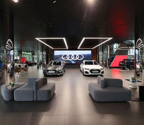 Tesla Showroom, Car Showroom Architecture, Car Restaurant, Audi Car Models, Cars Showroom, Car Showroom Interior, Dealership Showroom, Car Showroom Design, Factory Architecture