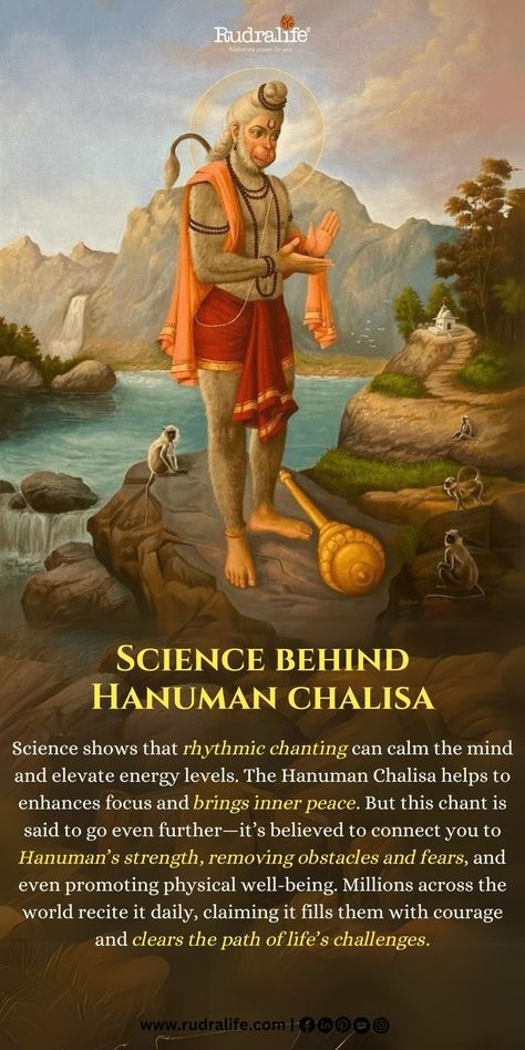 Rhythmic chanting of the Hanuman Chalisa calms the mind, enhances focus, and elevates energy levels. Beyond its soothing effects, it’s believed to connect devotees to Hanuman’s divine strength, removing obstacles, fears, and promoting physical well-being. Recited daily by millions, it fills hearts with courage and clears life’s path. #HanumanChalisa #SpiritualScience #DivineStrength #Rudralife #InnerPeace #HanumanBhakti #SpiritualHealing #Mindfulness Facts About Hanuman Ji, Suvarchala Hanuman, Hanuman Story, Hanuman Chalisa Book, Power Of Hanuman, Hanuman Stories, Devotional Images, Hinduism History, God Prayers