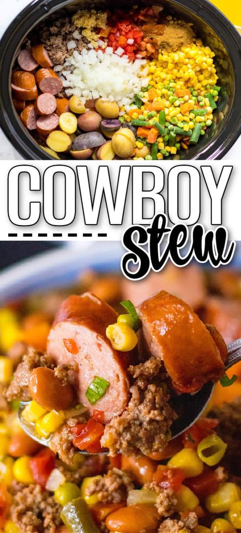 Southern Style Cowboy Stew, Cowboy Stew Crockpot Crock Pot, Cowboy Goulash Ground Beef, Witches Brew Stew Crock Pot, Slow Cooker Cowboy Soup, Texas Cowboy Stew Crockpot, Creamy Cowboy Soup, Hot Dog Stew, Crockpot Cowboy Stew