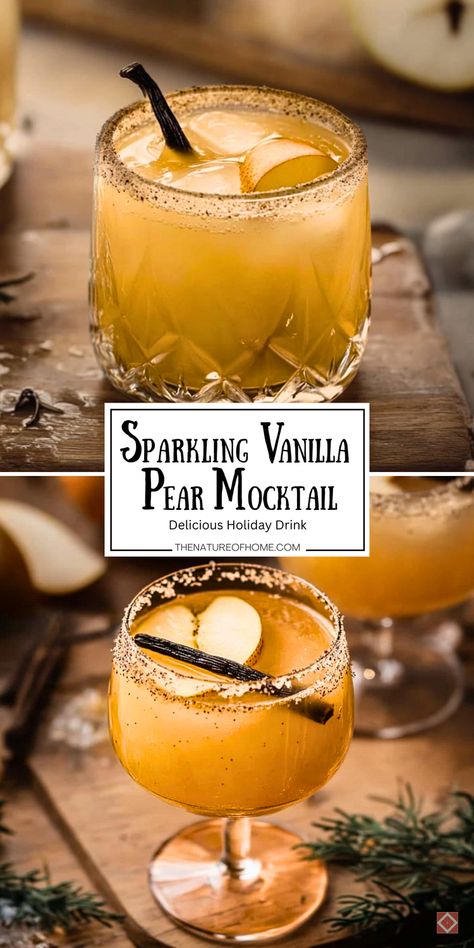 A Sparkling Vanilla Pear Mocktail is the perfect drink for autumn celebrations! It’s fizzy, sweet, and alcohol-free, making it an excellent choice for festive gatherings or quiet nights. Save this pin for a drink recipe everyone will love. Vanilla Pear Mocktail, Mocktail Mule Recipe, Spiced Pear Mocktail, Pear Alcoholic Drinks, New Year’s Eve Drinks Non Alcoholic, New Years Mocktail Recipe, Pear Drinks Alcohol, Pear Mocktail Recipe, Fall Mock Tails