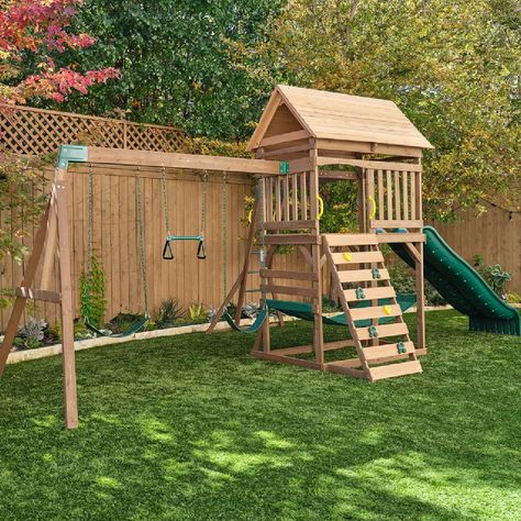 Get this KidKraft Spacious Skies 5-in-1 Outdoor Swing Set for only $798 (reg. $1,209) at Sam’s Club. You save 34% off the retail price for this backyard playset. Plus, this swing set ships free for Plus members. We could not find this backyard playset for less online. The KidKraft Spacious Skies Backyard Swing Set features […] Wooden Playset, Wooden Swing, Playset Outdoor, Wooden Swings, Monkey Bars, Backyard Playground, Rock Wall, Covered Decks, Outdoor Swing