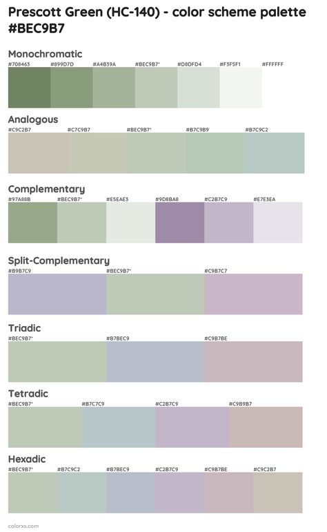 Benjamin Moore Prescott Green (HC-140) Paint coordinating colors and palettes Benjamin Moore Prescott Green, Valspar Garden Flower, Prescott Green Benjamin Moore, Draw A Hexagon, Historic Paint Colours, Analogous Color Scheme, Rgb Color Codes, Split Complementary Colors, Rgb Color Wheel