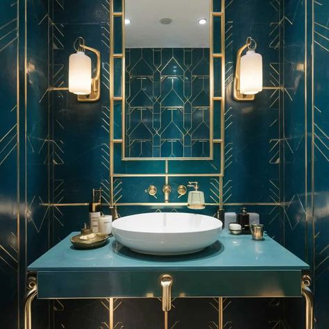 25 Dazzling Art Deco Bathroom Ideas to Transform Your Space - Fabricerie Art Deco Small Bathroom, Deco Bathroom Ideas, Art Deco Bathroom Ideas, Art Deco Toilet, Art Deco Powder Room, Modern Art Deco Bathroom, Art Deco Bathroom Tile, Art Deco Design Elements, Art Deco Bathrooms