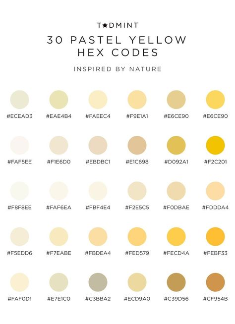 Pastel Yellow Color Palettes Inspired by Nature — TADMINT — Design Resources and Merchandise for Creatives Pastel Yellow Hex Code, Soft Yellow Color Palette, Yellow Pastel Color Palette, Yellow Color Pallet, Yellow Pallet, Yellow Color Palettes, Goodnotes Aesthetic, Ipad Notes, Colour Codes