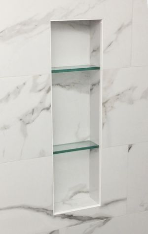 Shelving Ideas Bathroom, Bathroom Niche Design, Bathroom Shelving Ideas, Bathroom Niche Ideas, Bathroom Remodel Plans, Niche Shelves, Tile Shower Niche, Big Shower, Bathroom Niche