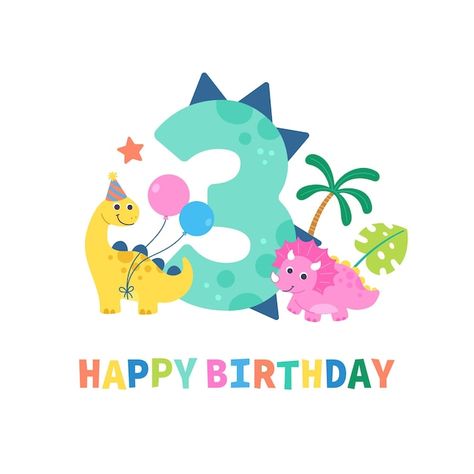 Dinosaur Birthday Drawing, 3 Rd Birthday, Happy Birthday Dinosaur, Cute Dinosaur Cartoon, Birthday Tree, Dinosaur Birthday Theme, Boys First Birthday Cake, Dinosaur Invitation, Happy 3rd Birthday