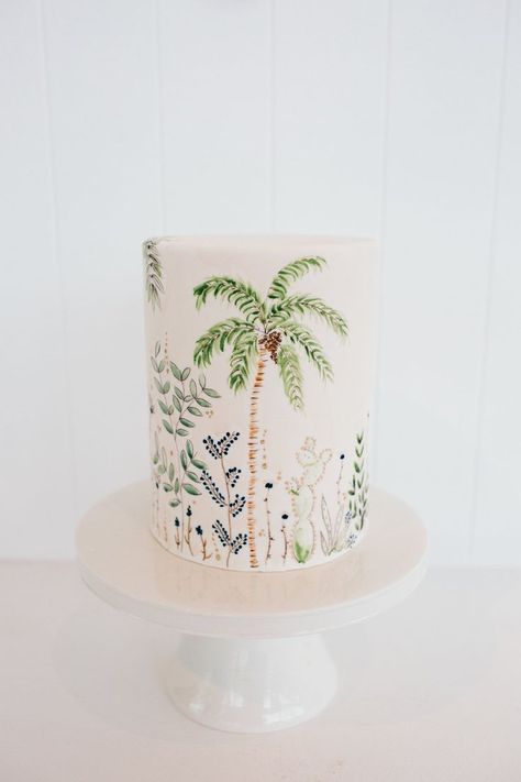 Modern Coastal Wedding, Coastal Wedding Cake, Palm Tree Cakes, Coastal Ideas, Bedroom Bedding Ideas, Coastal Wedding Inspiration, Tropical Weddings, Coastal Curtains, Painted Wedding Cake