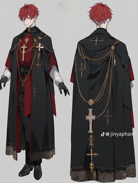 Anime Priest Outfit, Gothic Victorian Character Design Male, Merchant Outfit Male, Royal Servant Outfit Male, Priest Oc Male, Priest Outfit Drawing, Religious Character Design, Servant Outfit Male, Male God Outfit