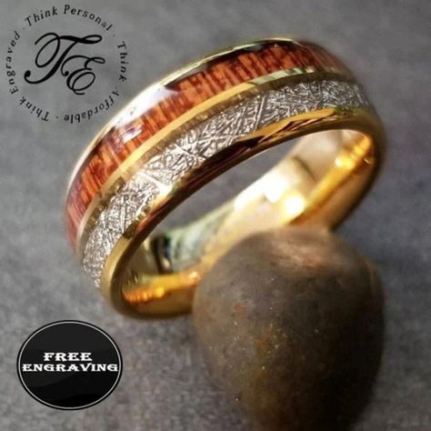 This Is Real Tungsten Coated In 14k Gold. The Outer Band Has Two Grooves, One Has Whiskey Barrel Wood Inlaid And The Other Has Meteorite Inlaid. Every Ring Will Have Different And Unique Patterns On The Inlays. This Ring Is Heavy And Not Light-Weight Like Some Of The Fake Tungsten Rings Some People Sell. Will Not Tarnish Or Turn Your Finger Green. How To Send What You Want To Be Engraved. Once You Purchase A Ring, Go To Orders And Click On The Order For The Ring You Purchased. You Will See A Con Tungsten Engagement Rings, Black Ring Box, Personalized Wedding Bands, Mens Wedding Rings Tungsten, Engraved Promise Rings, Promise Ring Band, Matching Promise Rings, Promise Rings For Him, Wedding Ring For Him