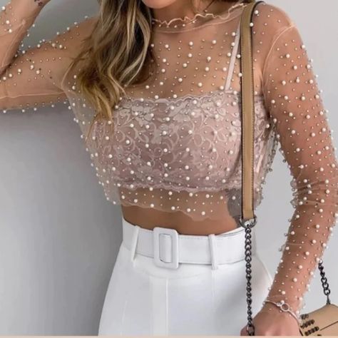 New With Tags Rhinestone Net Top Outfit, Bling Party Outfit, Embellished Top Outfit, Sheer Top Outfit Classy, Sheer Blouse Outfit, Sparkly Corset Top, Pearl Outfits, Tops Transparentes, Pearl Clothes