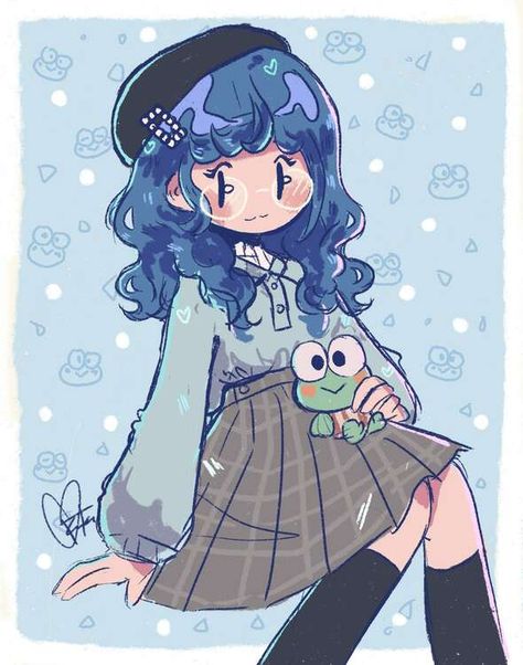 Beret Drawing, Winter Blue, Cute Kawaii Drawings, Cute Cartoon Drawings, Blue Outfit, Book Art Drawings, Dream Art, Kawaii Drawings, Kawaii Art