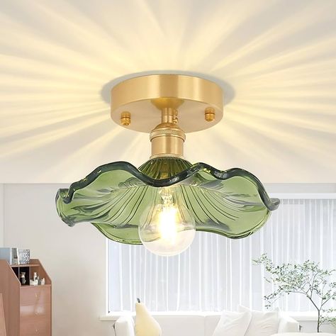 Shenmoyl Semi Flush Mount Ceiling Light, Gold Hallway Vintage Lights Fixture Ceiling with Green Water Lily Glass, Bulb Included, 4.72" Base Modern Ceiling Light Fixtures for Porch Kitchen Bedroom - Amazon.com Gold Hallway, Hallway Vintage, Porch Kitchen, Modern Ceiling Light Fixtures, Retro Chandelier, Vintage Lights, Vintage Ceiling Lights, Flushmount Ceiling Lights, Vintage Light Fixtures