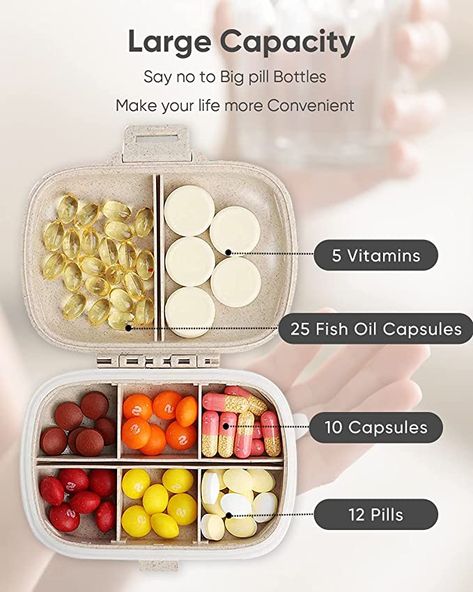 A portable pill case with 8 compartments! Easy to fit all the supplements you need with enclosed compartments to help avoid confusion. At one point, I was taking 10 supplements daily so this definitely came in handy and was easy to travel with. Daily Pill Organizer, Fish Oil Capsules, Medicine Organizer, Weekly Pill Organizer, Pill Dispenser, Medicine Organization, Cod Liver Oil, Pill Container, Medication Management