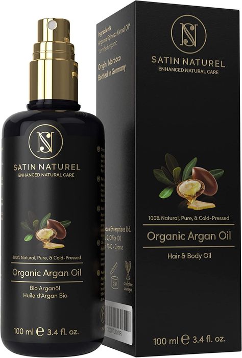 Argan Oil for Hair 100ml - 100% Pure, Organic, Vegan, Cold-Pressed Hair Oil for Dry Damaged Hair - Vitamin Rich - Anti-Aging, Soft Skin, Healthy Hair & Nails - Massage Oil - Beard Oil – Satin Naturel Sebamed Shampoo, Anti Aging Body Oil, Organic Aloe Vera Gel, Natural Hair Oils, Organic Argan Oil, Argan Oil Hair, Hair Growth Oil, Beard Oil, Natural Cosmetics