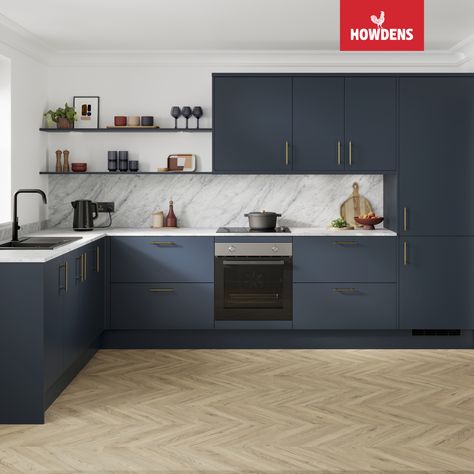 Step into the realm of contemporary kitchen design with our range of blue kitchen cabinets. Embrace matt slab kitchen cabinets, seamlessly blending style and functionality. Elevate your space with modern kitchen design featuring sleek lines. Dive into a world of endless possibilities with our selection of blue kitchen ideas, perfect for crafting your dream culinary space. Discover the versatility of L-shape kitchen design, maximising space while adding a touch of sophistication to your home. Marine Blue Kitchen, Slab Kitchen Cabinets, L Shape Kitchen Design, Blue Kitchen Ideas, L Shape Kitchen, Howdens Kitchens, Larder Unit, Blue Kitchen Cabinets, L Shaped Kitchen