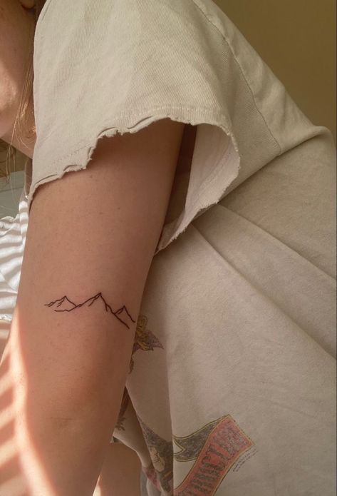 Mountains On Collar Bone Tattoo, 3 Mountain Tattoo, Mountain Back Of Arm Tattoo, Mountain Range Line Art, Mountain Tattoo On Back Of Arm, Mountains Small Tattoo, Upper Tattoos Arm, Tattoo Of Mountains, Mountain Tattoo Placement Ideas