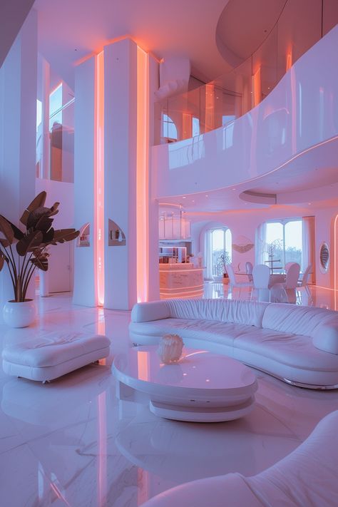 Alien Interior Design, Cyberpunk Decor Futuristic Interior, Futuristic Building Interior, Cyberpunk Apartment Interior Design, Futuristic Room Aesthetic, Scifi Interior Design, Retrofuturism Decor, Vaporwave House, Cyberpunk Room Interiors