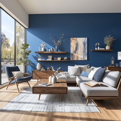 Salon bleu nuit : 19 idées tendances et intemporelles 💙 Blue Interior Design Living Room, Blue Feature Wall Living Room, Modern Blue Living Room, Living Azul, Blue Curtains Living Room, Feature Wall Living Room, Flat Decor, Beige Living Rooms, Rustic Room