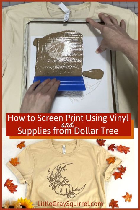 Swiping fabric paint across a silkscreen made from vinyl and supplies from Dollar Tree to screen print on a shirt.  Also an image of a finished screen printed shirt with a moon, pumpkin, flowers, and leaves. Silk Screen Printing Diy, Diy Shirt Printing, Screen Printing Supplies, Fabric Paint Shirt, Diy Screen, Diy Screen Printing, Cricut Stencils, Screen Printing Art, Stencil Vinyl