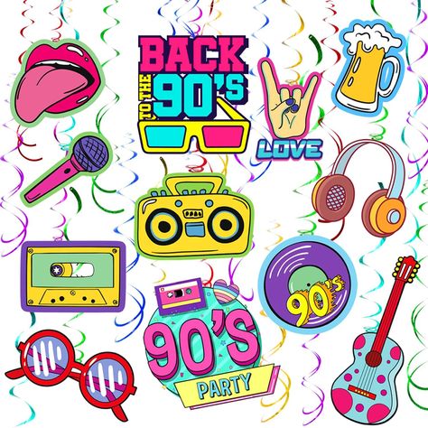 '90s party decor. Ceiling Hanging Decor, 90s Theme Party Decorations, 90s Party Decorations, 1990s Nostalgia, Throwback Party, 90s Icons, Nostalgic 90s, 90s Theme Party, Hippie Party