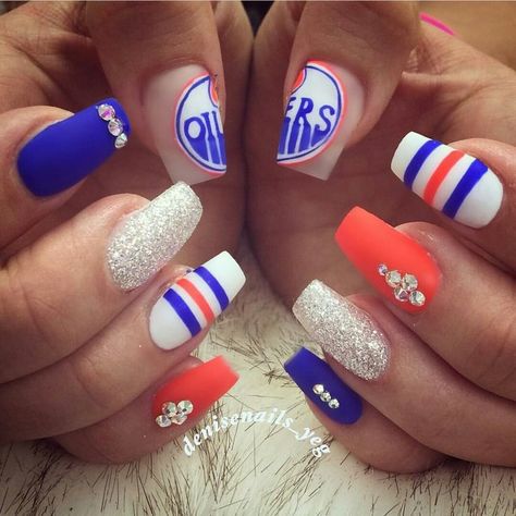 Oilers Nails Edmonton, Edmonton Oilers Nails, Oilers Nails, Hockey Nails Designs, Hockey Nails, Broncos Nails, Sports Nails, Football Nails, Pretty Fingers