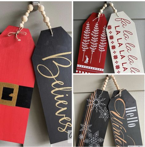 Christmas Tag Door Hangers, Christmas Door Tags, Christmas Door Hangers, Homeschool Christmas, Tag Signs, Making Gift Tags, Dollar Store Christmas Crafts, Wood Yard Art, Cricut Christmas Ideas