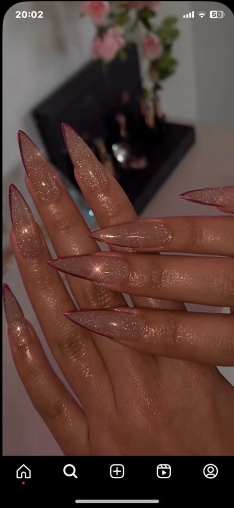 Nude Sparkly Nails, Sparkly Acrylic Nails, Acrylic Nails Stiletto, Stilleto Nails Designs, Pointy Nails, Pink Glitter Nails, Nails Stiletto, Edgy Nails, Stiletto Nails Designs