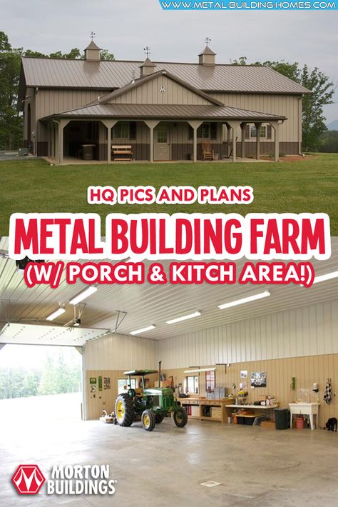 One of a Kind Metal Building Farm w/ Porch & Kitch Area! (HQ Pictures). If you’re looking for a farm with a large space and overall comfortable feel, this metal building is perfect for you. It is constructed and styled in a way that can perfectly cater to your own interior design ideas. The area will give you enough space to display whatever your creative mind has mapped. #metalbuildingfarm #metalhousing #metalhouse #metalbuildinghomes #housingsolution Portable Classroom, Metal Building Kits, Steel Building Homes, Morton Building, Metal Building Home, Free House Plans, Outdoor Buildings, Building Homes, Steel Building