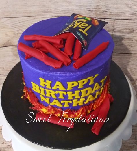 Takis Cake Takis Birthday Party Ideas, Takis Birthday Cake, Takis Party Ideas, Taki Cake Idea, Takis Cake Ideas, Takis Birthday Party Theme, Takis Recipe Ideas, Takis Recipe, Dr Pepper Cake