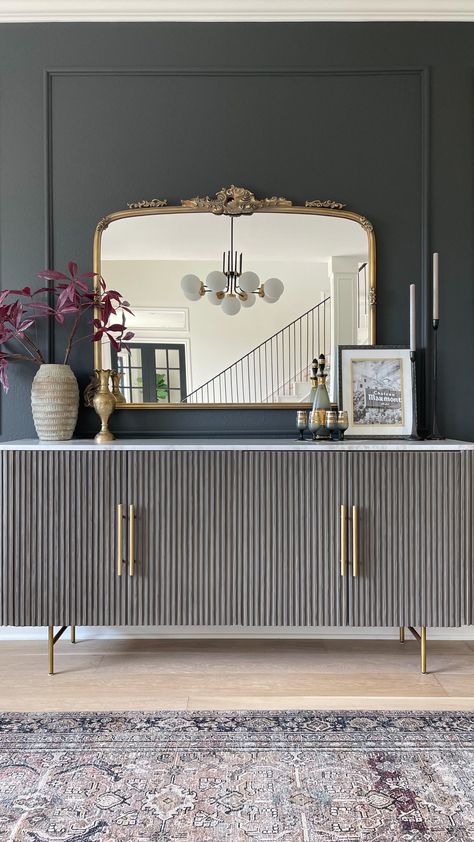 Dark Moody Dining Room, Dark And Moody Dining Room, Dining Room Sideboard Styling, Sideboard Decor Dining Room, Dining Room Mirror Wall, Havenly Dining Room, Sideboard Styling, Moody Dining Room, Dining Room Design Luxury