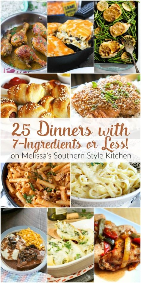 25 Dinners with 7-Ingredients or Less! | Melissa's Southern Style Kitchen Easy Dinner Recipes 5 Ingredients Or Less, 10 Ingredients Or Less Recipes Dinners, Multiple Recipes Same Ingredients, Midwestern Dinner Recipes, Southern Healthy Recipes, Easy American Dinners, 10 Ingredients Or Less Recipes, Low Ingredient Dinners, Limited Ingredient Recipes