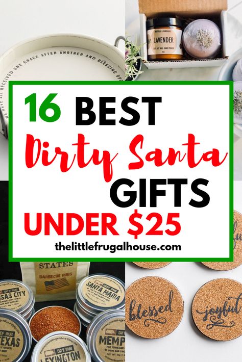 Are you looking for the best Dirty Santa gifts under $25 for an upcoming party? These are my favorite ideas - some funny gifts, gag gifts, thoughtful gifts, and plenty to keep you laughing! Dirty White Elephant Gifts, Dirty Santa Theme Ideas, Yankee Swap Gift Ideas $25, Best Dirty Santa Gifts, Dirty Santa Gift Ideas Funny, Dirty Santa Game, Dirty Santa Gift Ideas, Christmas Budget Ideas, Bunco Christmas