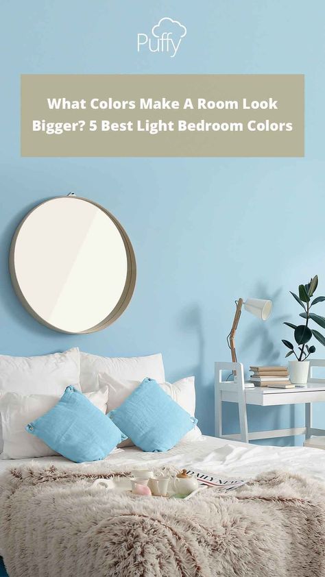 The trick to making your room look larger than it actually is? Switching up your wall color. 🎨 ➡Learn which colors are the best here Light Bedroom Colors, Low Light Room, Decorating A Small Bedroom, Make A Room Look Bigger, Room Look Bigger, Blue Wall Colors, Make A Room, Light Bedroom, Bedroom Wall Colors