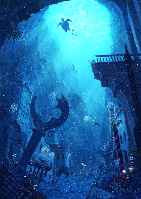 Underwater City, Underwater Scene, Underwater Art, Fantasy Places, Fantasy Art Landscapes, Fantasy Concept Art, 판타지 아트, Environment Concept Art, Anime Scenery Wallpaper