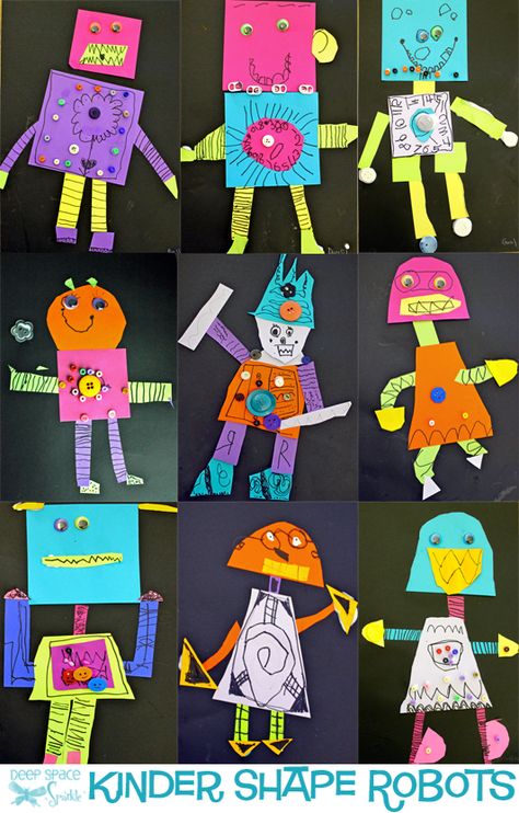 Love the robots, must do with kinder students. Shape-Robot-Art-lesson Shape Art For Kindergarten, Shapes Art For Kids, Shape Art For Kids, Kinder Art Projects, Shape Art Projects, Kindergarten Collage, Shape Robot, Art Kindergarten, Classe D'art